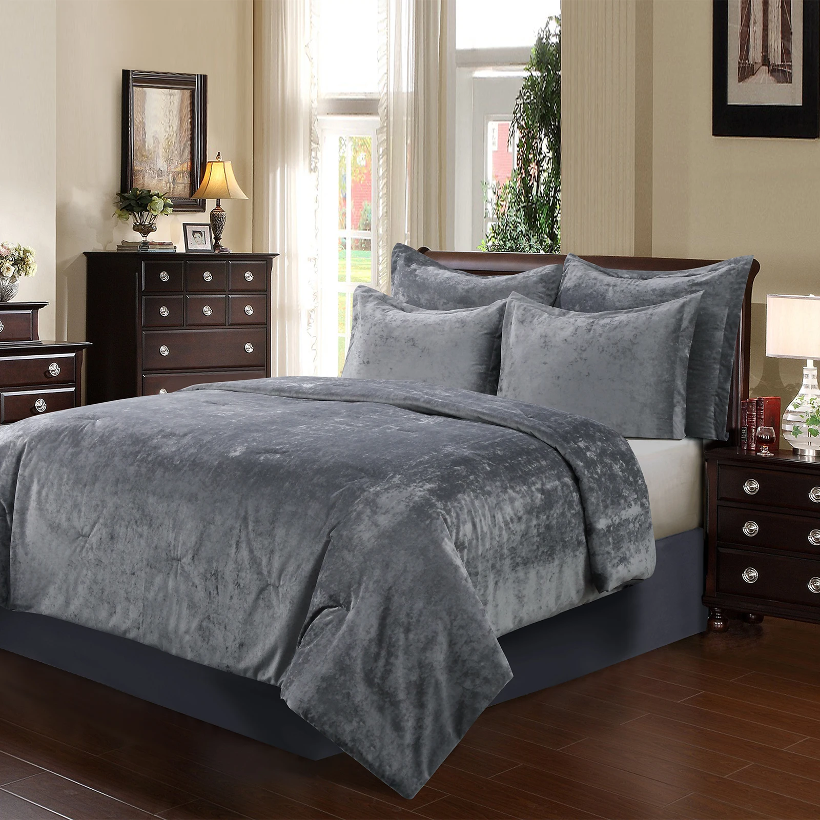 

Distressed Velvet Face and Brushed Solid Microfiber Reverse Grey 5pcs Comforter Set,Light Weight Soft Poly Fill