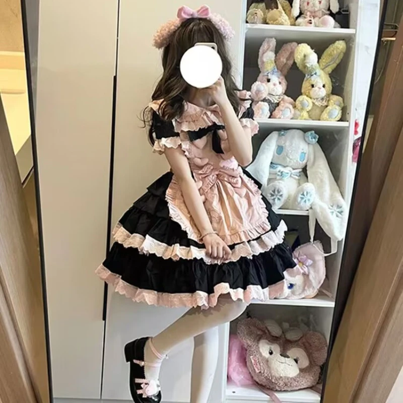 

Japanese Cute Sweet Soft Girls Lolita Maid Dress Women Black Pink Puff Sleeve Ruffles Doll Collar OP Y2k Kawaii Cake Mini Dress