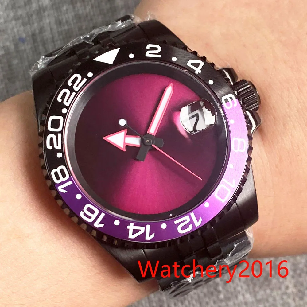 

40mm Bliger Purple dial sapphire Glass Date Ceramic Bezel Red Hand Japan NH35A Automatic Black PVD Watch For Men Bracelet