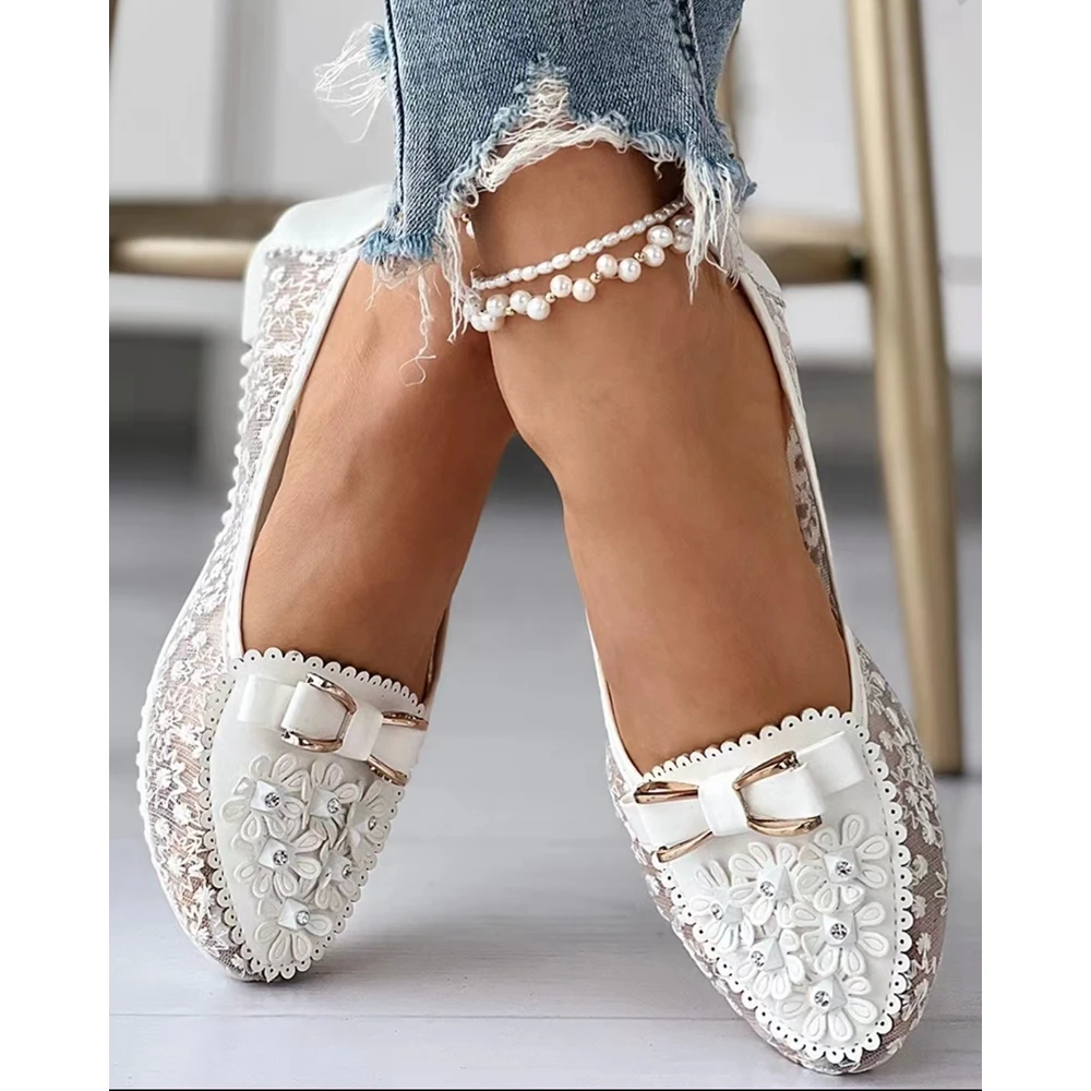 

Summer Women Floral Embroidery Sheer Mesh Design Loafers Casual Bowknot Decor Flats Outdoor Slip-on Going Out Elegant Shoes