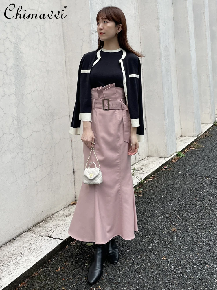 Japanese Style Fashion Solid-Color High Waist Slim Fit Women A- Line Skirt 2023 Autumn Winter Elegant Beautiful Long Skirts