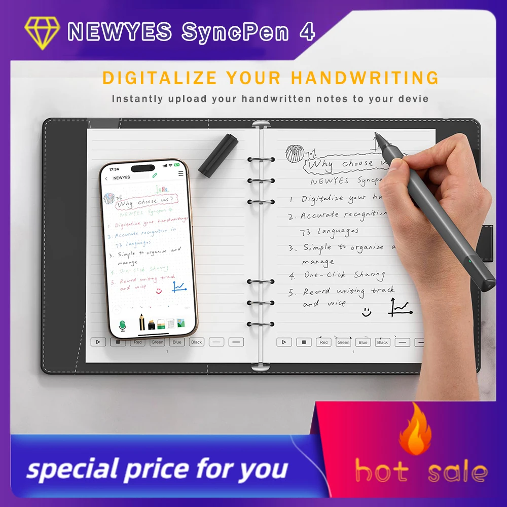 NEWYES SyncPen 4세트 스마트 펜, 디지털 노트, 지울 수 있는 젤 펜, 싱크 펜, 디지털 펜, 블루투스 무선 OCR, 비즈니스 M용