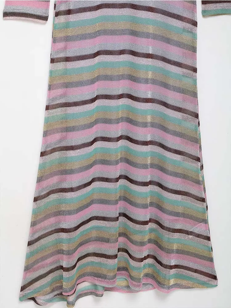 2025 Chic Elegant Fashion Long Sleeved Round Neck Stripe Light And Thin Long Dress Women Summer Evening Party Dresses