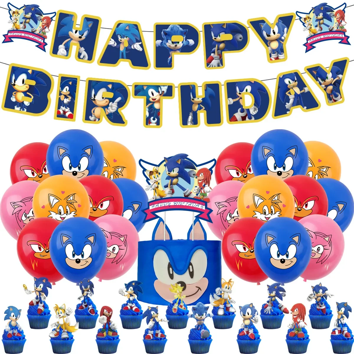 thumbnail image 1 of Juego sorpresa Sonic Kid fiesta de cumpleaños familiar suministros desechables pancarta colgante para pastel globos de bandera Sonic Set decoración de cumpleaños, 1 of 5