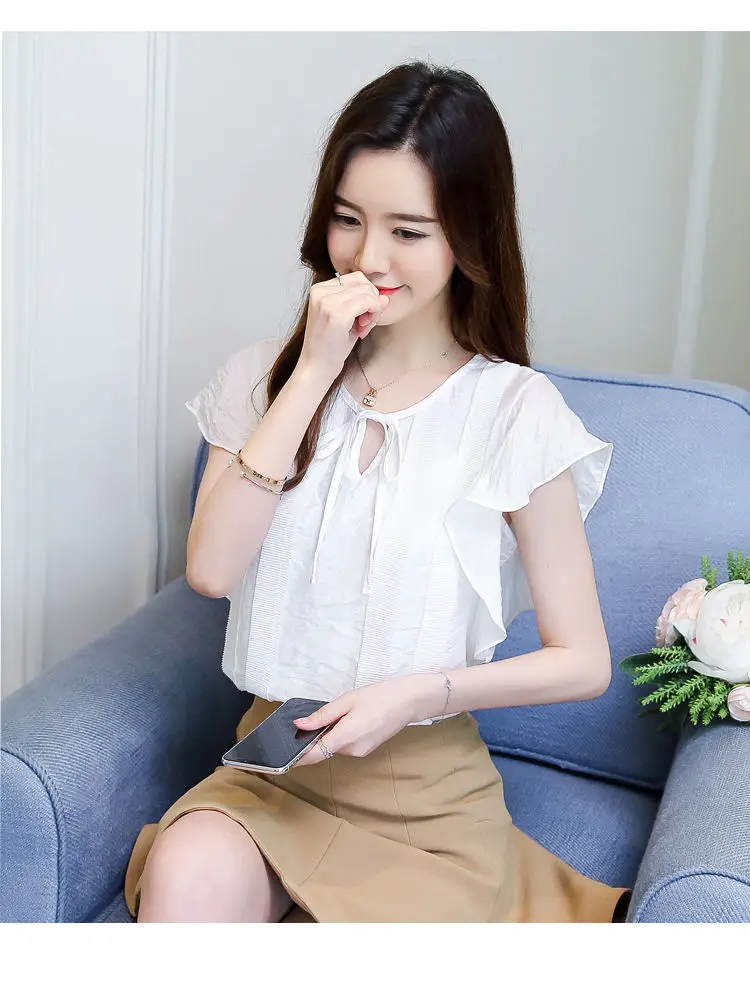 Female O-Neck Bow Lacing Hollow Out Solid Blouse Loose Oversize Flying Sleeve Patchwork Chiffon Shirt Women's Summer Clothing