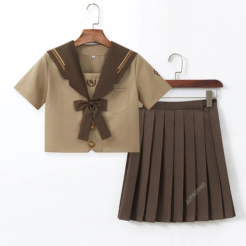 

Japanese Fashion School Uniform Soft Girl JK Uniform Student Skirt Girl Milk Tea Brown Navy Wind Sailor Suit Pleated Skirt Set Z