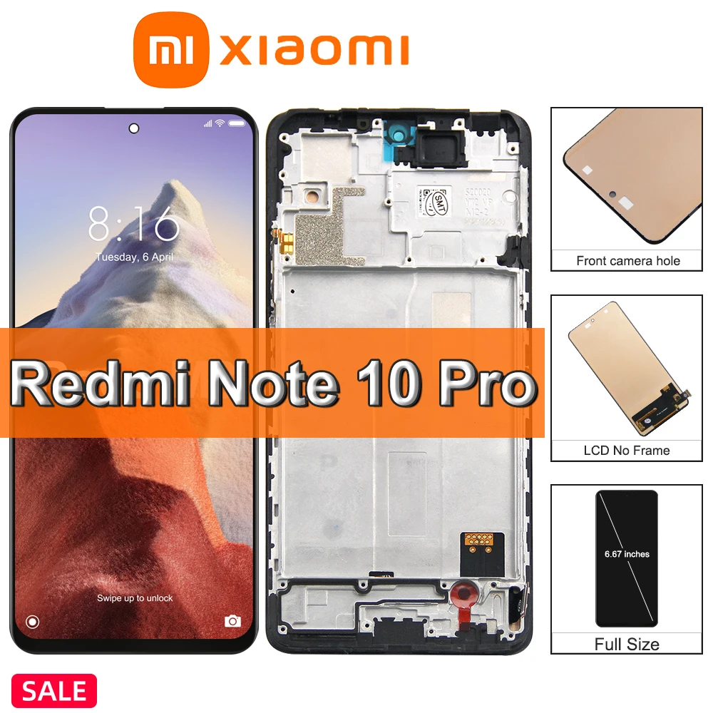 

6.67" Original Xiaomi Redmi Note 10 Pro LCD Display Touch Screen, For Redmi Note10Pro M2101K6G LCD Display Replace, with Frame