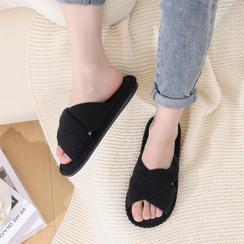 Corduroy Open Toe Slippers with Memory Foam for Women