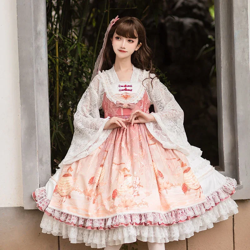 

Kawaii Girl Lolita Orange Pink Skirt Sets Sweet Women Lace Bandage Tank Top Cute Koi Carp Skirt Set Vintage Lolita Skirt Suit