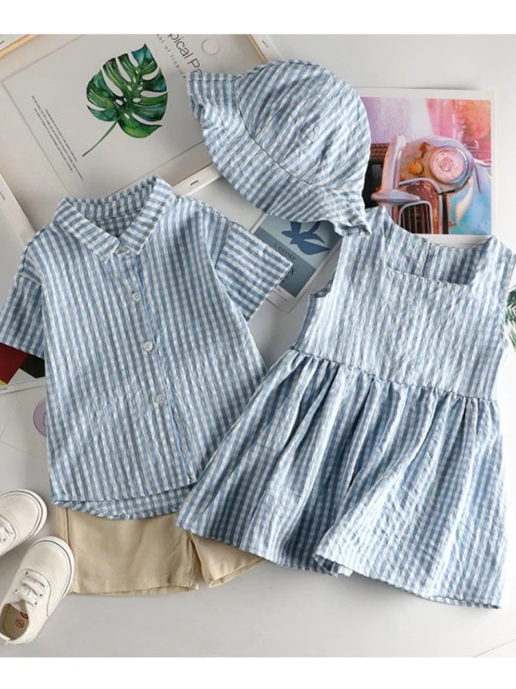 Brother and Sister outfit 2025 new Kid Children Plaid Summer
