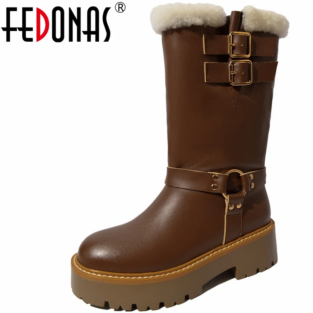 

FEDONAS New Women Mid-Calf Boots Genuine Leather Quality Platforms Shoes Woman Belt Buckle Casual Working Winter Warm Snow Boots