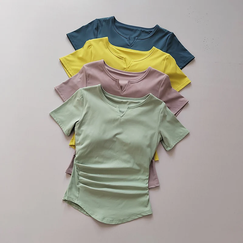 

V-neck Tie Breast Pad Yoga Suit Short Sleeve Women's Gym Summer Slim Training Fitness Top Quick Dry Running T-shirt Clothing