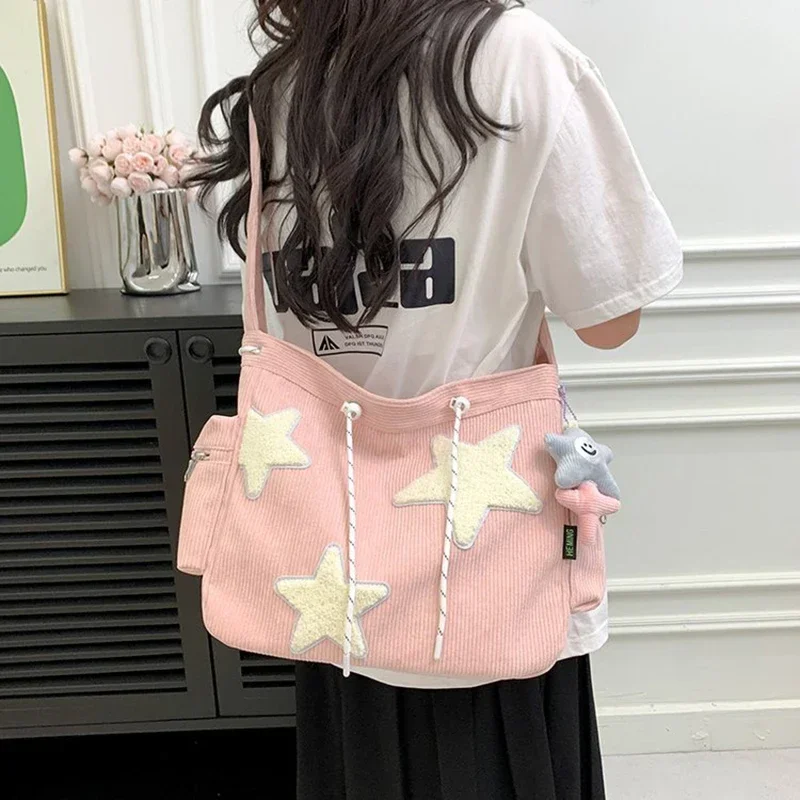 

Women Star Pattern Corduroy Crossbody Bag Lady Simple Large Capacity Casual Tote Shoulder Bag Girl Travel School Bookbag Handbag