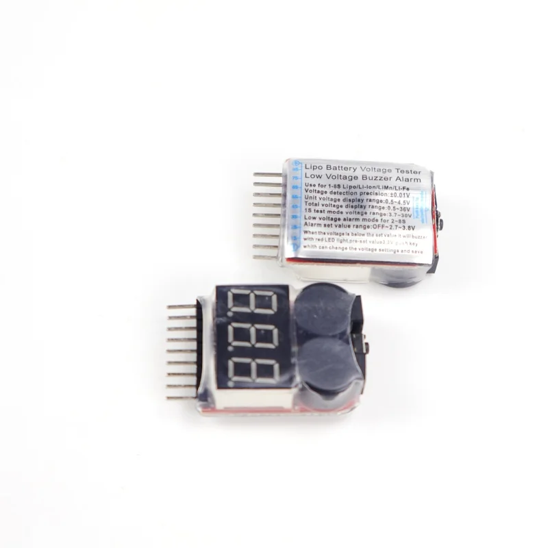 Testeur de batterie Lipo 1-8S avec alarme basse tension, montrant les voyants LED et les connexions.