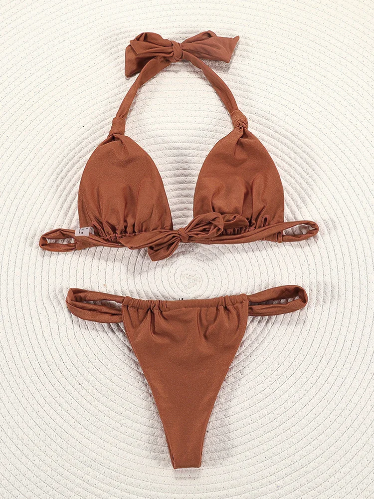 Pleasted Bikini Set Colaless Women Swimsuit Triangle Brazilian Beachwear - swimwear