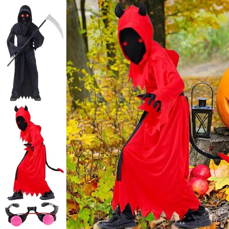 Halloween Costumes Cosplay Set for Boys Role Playing Death Costume Black Death & Red Fiend Dress up Clothes accessory