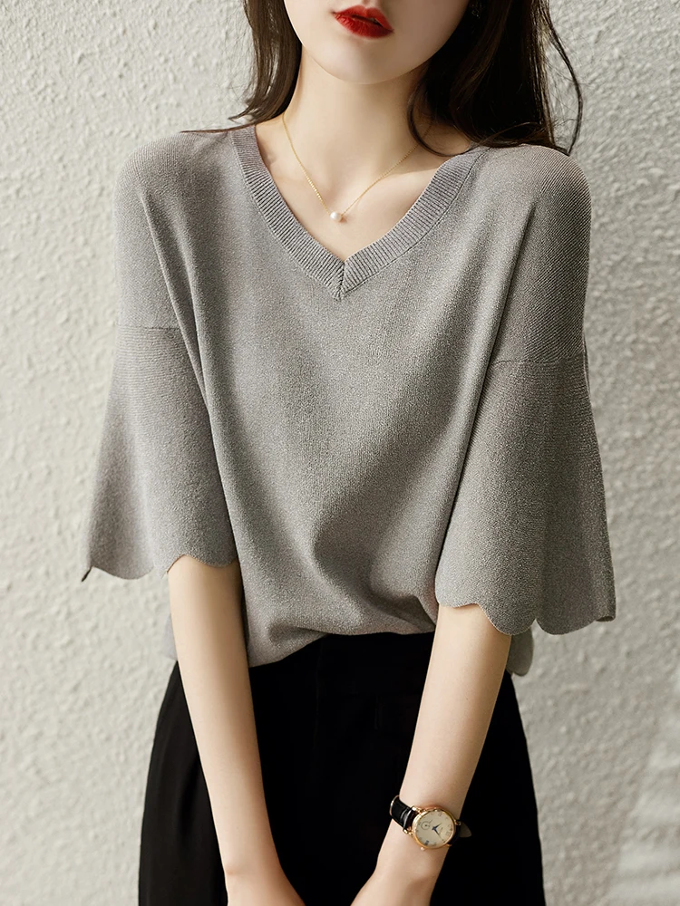 

Loose Ruffle Half Sleeve T Shirt Women 2023 Summer Knitted Tshirt Tops Casual V-neck Tees Shirts Female Solid Top