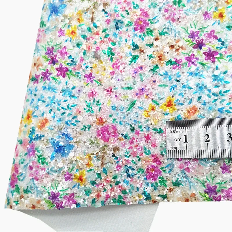 Blue Chunky Glitter Leather Butterflies Flowers Printed Glitter Fabric Synthetic Leather Vinyl Sheets For Bows DIY 21x29CM Q817