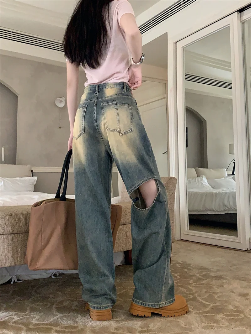 Sanmuzi ~ 미국 빈티지 찢어진 스트레이트 청바지 여성 봄과 여름 하이 스트리트 하이 허리 슬리밍 느슨한 넓은 다리 바지 