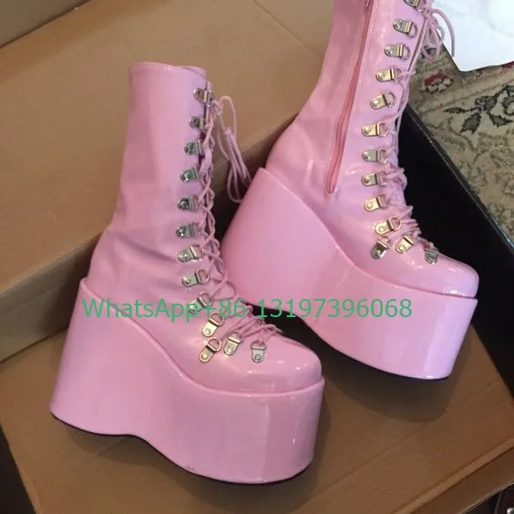 

Lady pink Mary Jane platform design calf boots PU height top boots size 46 elegant pink lace-up boots footwear party dress boots