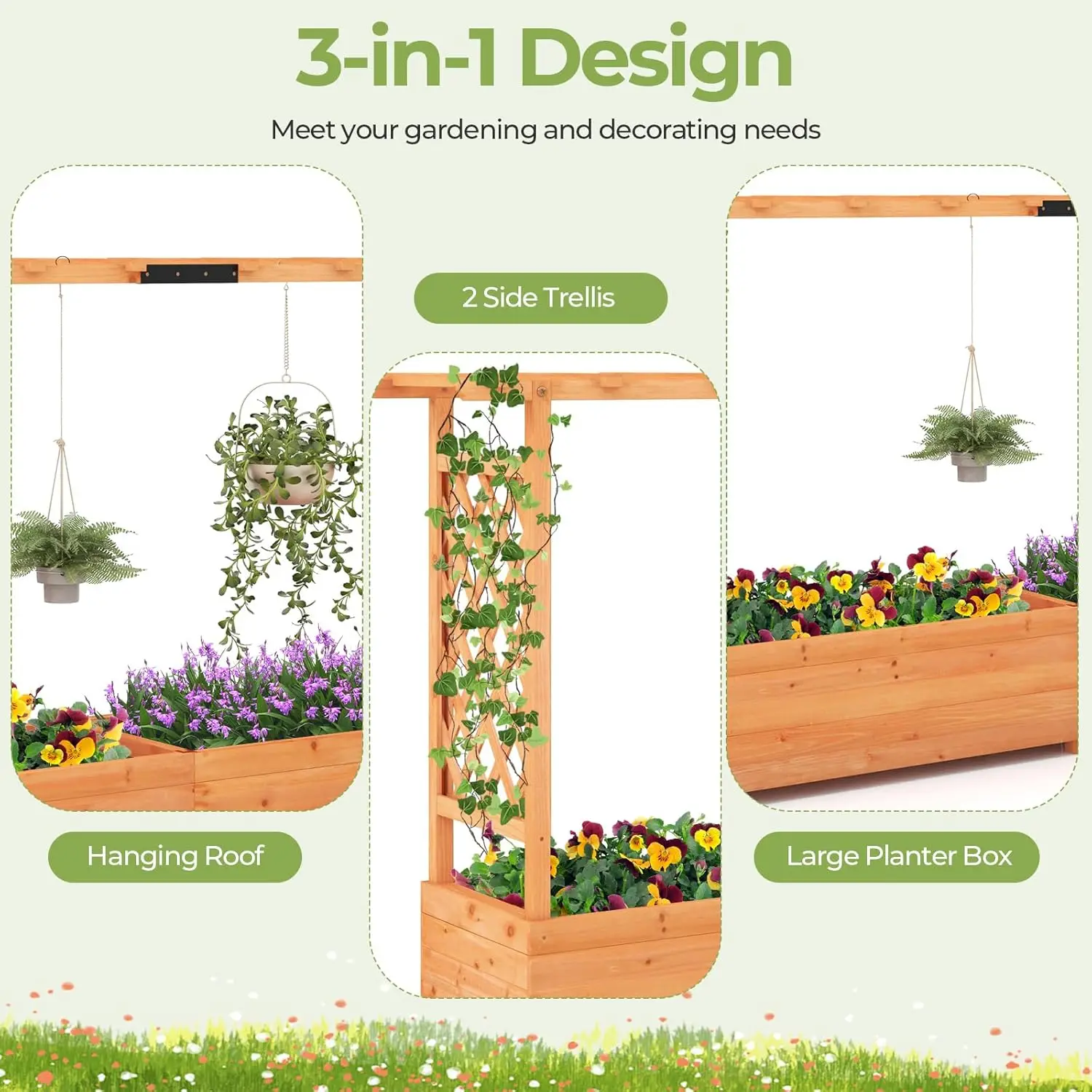Raised Garden Bed with Trellis, 2 Pack Freestanding Wood Planter Box w/Hanging Roof & 8 Drainage Holes for Vine Climbing 5