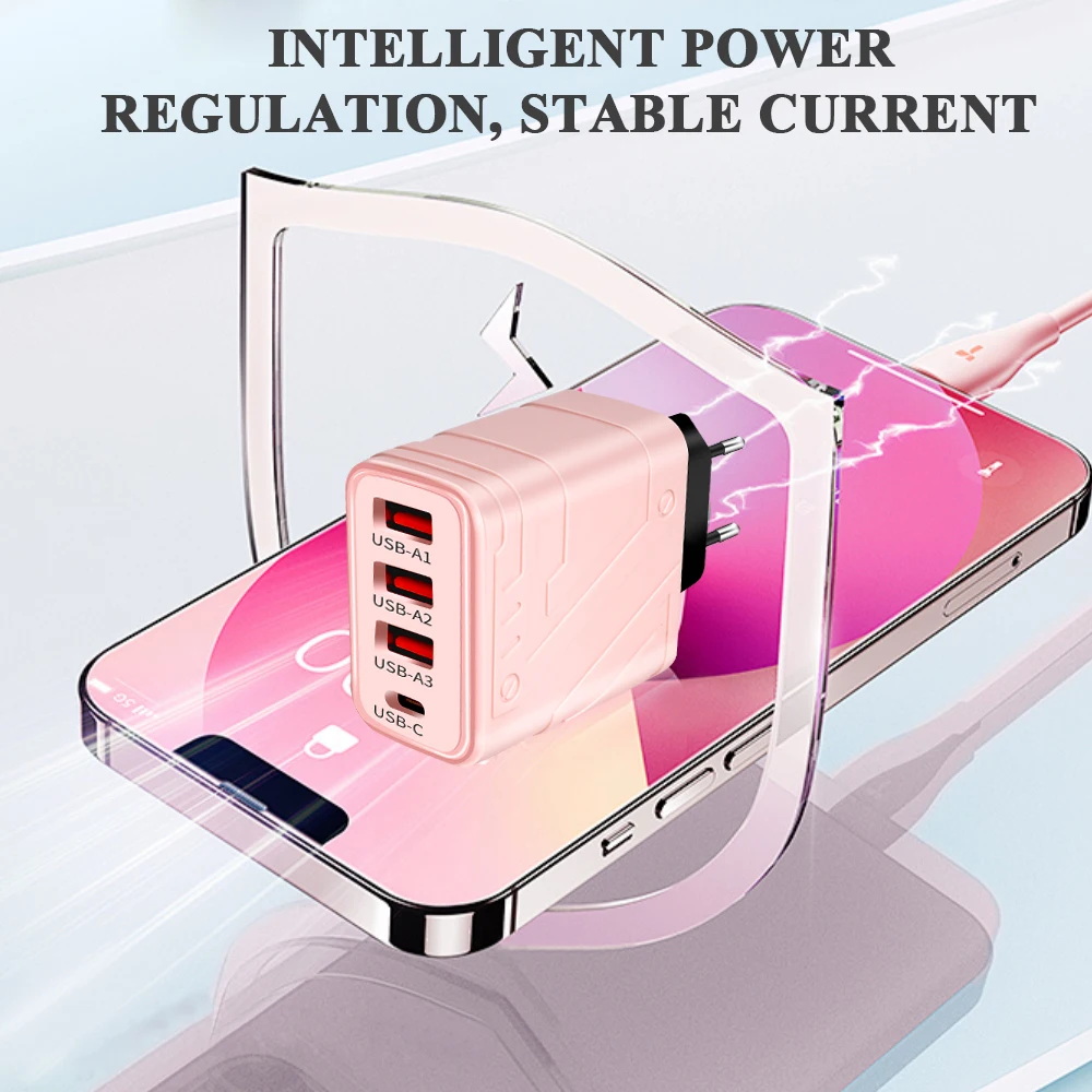 4 Ports USB Charger Quick Charge 3.0 PD Fast Charging Type C Phone Charging Adapter For iPhone 15 14 13 12Pro Max Samsung Xiaomi