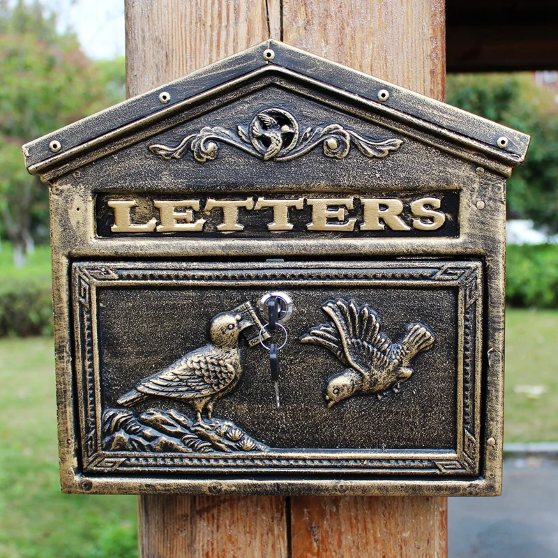 

House Shaped Birds Outdoor Iron Wall Letters Box In Dark Green Antique Gold Colors European Home Garden Iron Hanging Mailbox