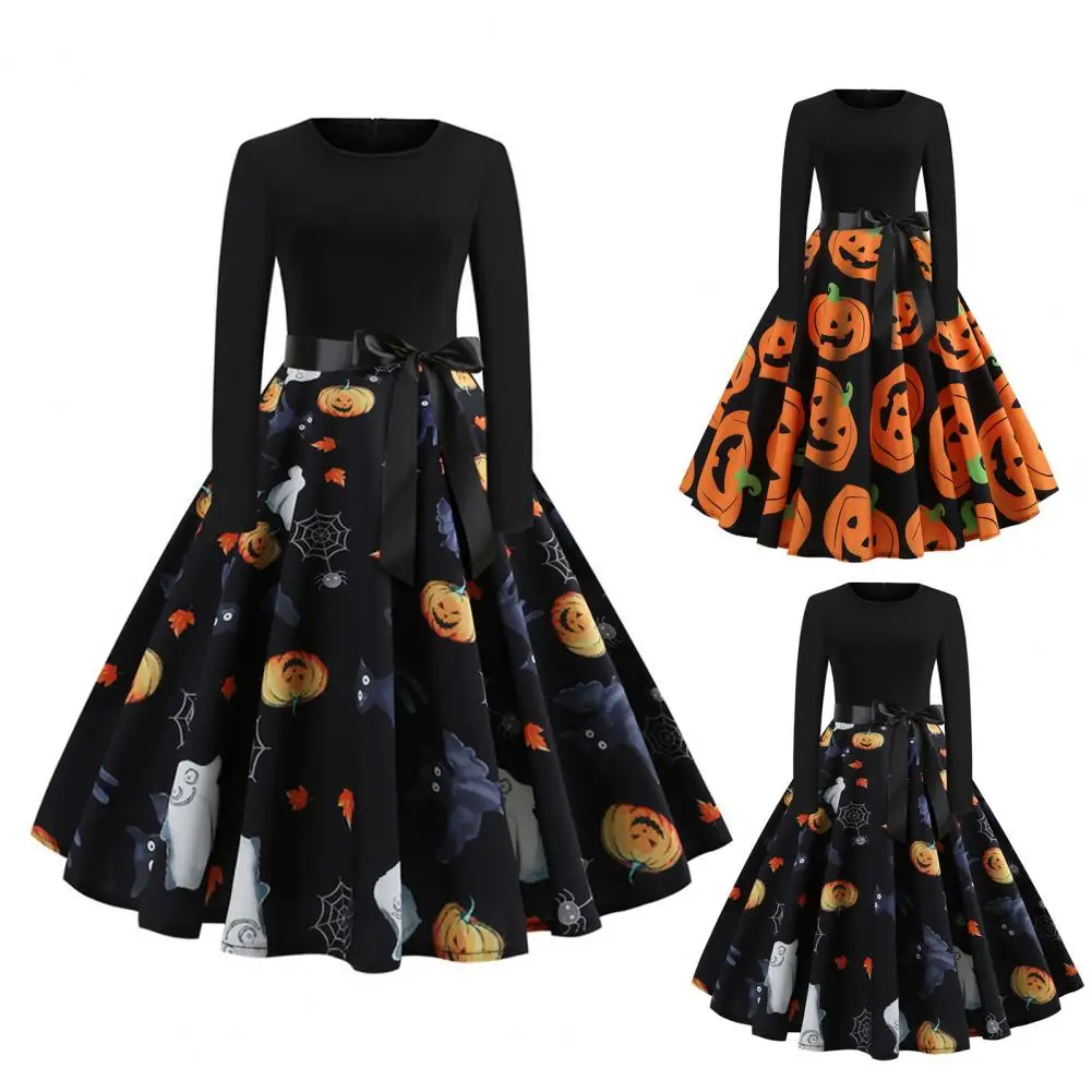 

Hallowen Dress Vintage Female Dress O Neck Pumpkin Hallowen Dress Sweet Long Sleeve Women Dress for Party