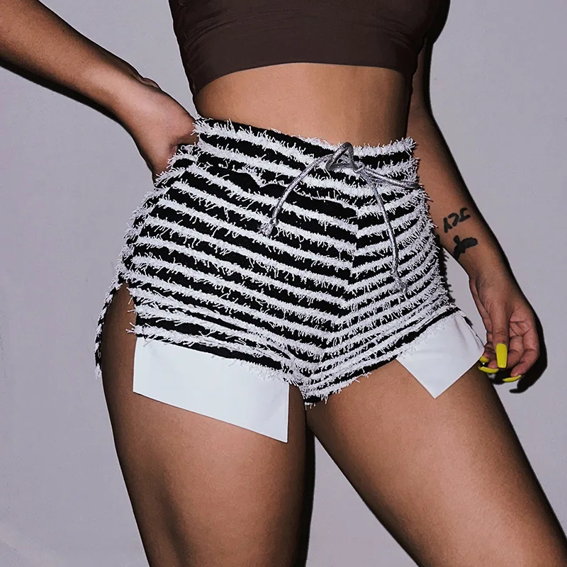 

Summer 2024 Fashion Wild Casual Streetwear Elastic Mini Bottoms Hairy Side Split Shorts Women Zebra Print Skinny Lace Up Pants