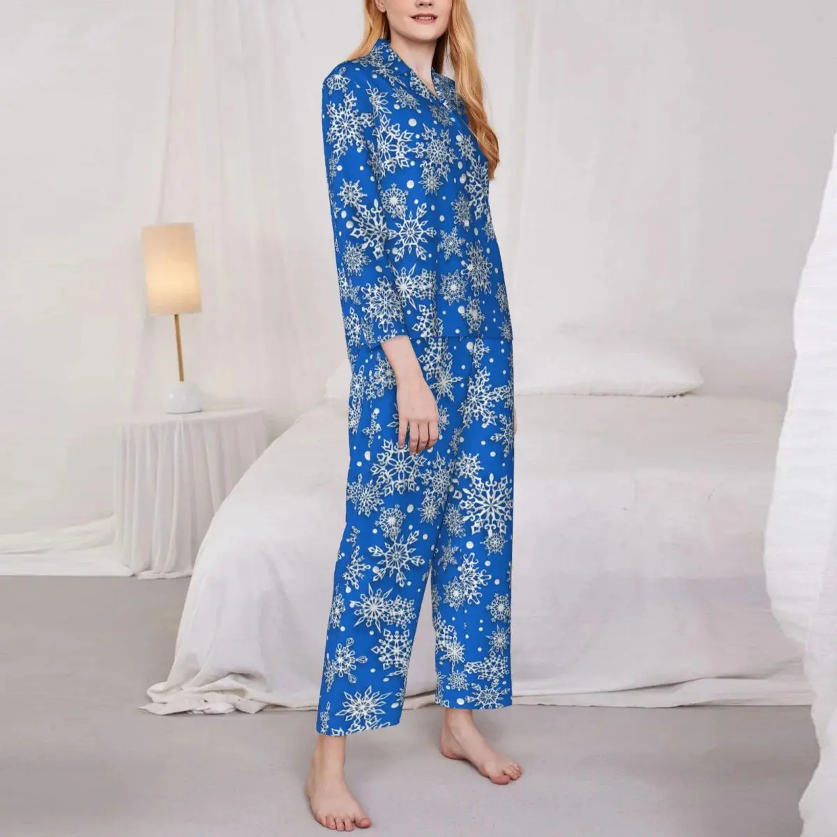 

Festive Christmas Snowflake Pajama Sets Autumn Blue White Trendy Home Sleepwear 2 Pieces Retro Oversize Print Nightwear Gift