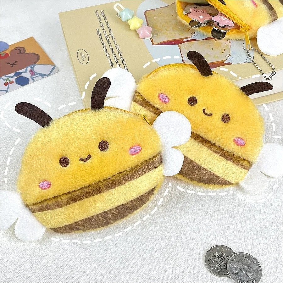 Cute Little Bee Plush Coin Purse Cartoon Children's Coin Wallet Mini Purse for Girl Headphone Lipstick Storage Bag Birthday Gift