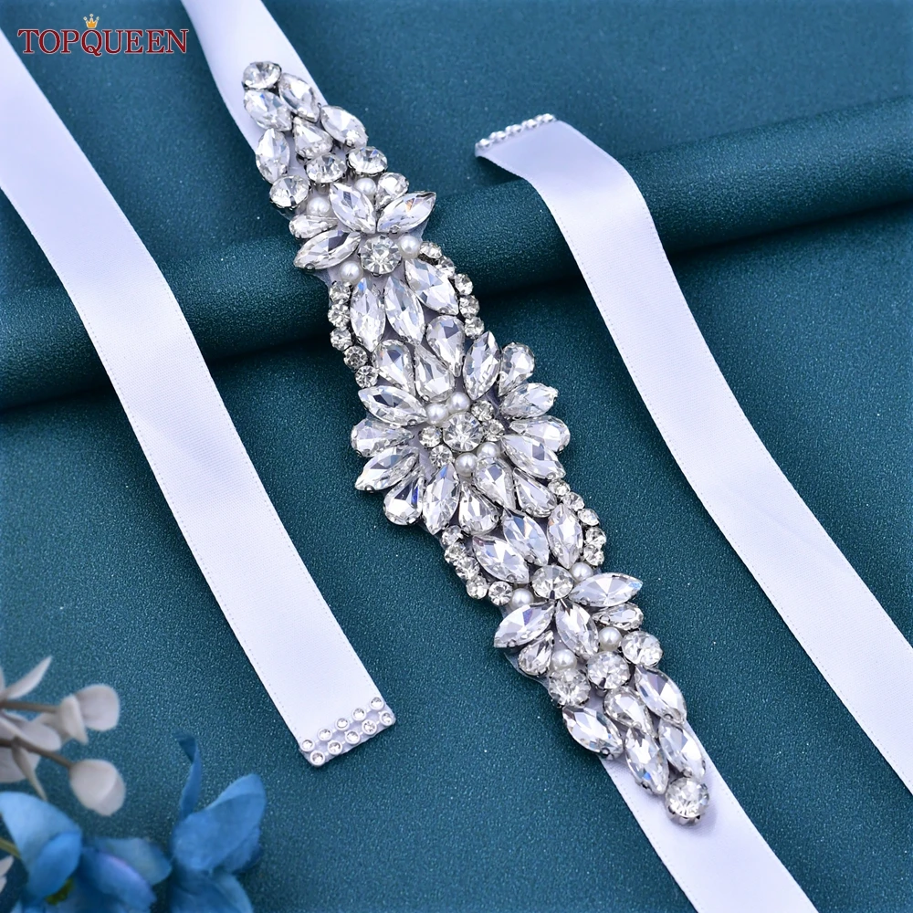 

TOPQUEEN Bridal Dress Belts Bridesmaid Wedding Pearl Silver Rhinestone Sparkly Lady Women Party Gown Decoration Sash S407