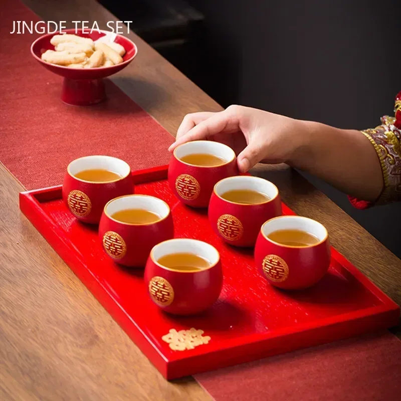 Tea Set Customized Boutique Red Ceramic Chinese Wedding Handmade Exquisite Teaware Supplies Household Teacup Drinkware