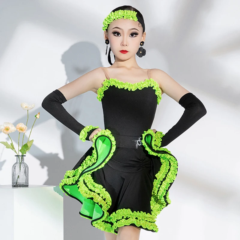 

Kids Latin Dance Dress For Girls Practice Wear Green Ruffles Competition Clothing Cha Cha Rumba Dance Performance Costume L12516