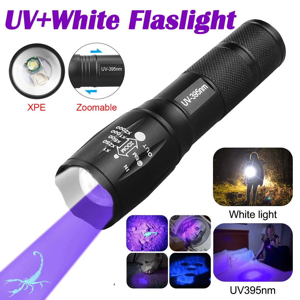 

2 in 1 UV 395nm Purple+White Light Ultraviolet Flashlight Zoomable Camping Torch UV Inspection Lamp Pet Urine Stains Detector