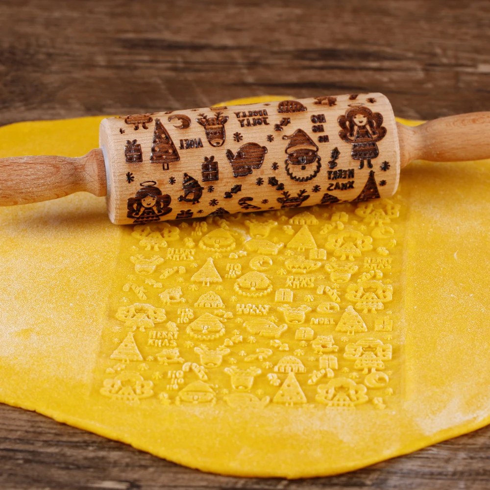 Description Picture 6 of item1pc 10inch Wooden Christmas Embossed Small Rolling Pin For Pastry Baking Tools Angel Elk Boots Deep Engraving Cookies Stamp Tool