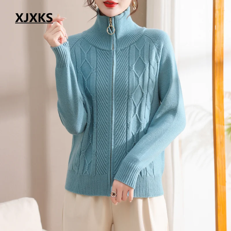 

XJXKS 2023 Spring And Autumn Winter New Zipper Cardigan Women's Sweater Coat Comfortable Soft Wool Knit Jacket