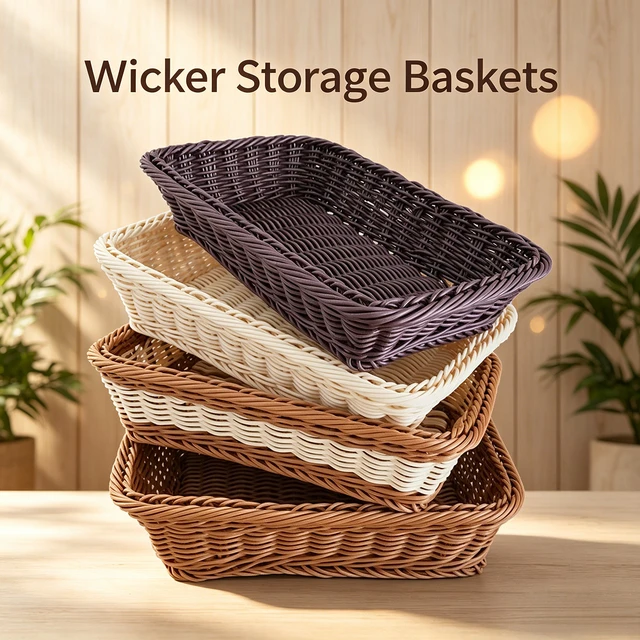Wicker Storage Basket Handwoven Imitation Rattan Tray Bread Fruit Snack Organizer Kitchen Cafe Boho Farmhouse Home Decor Durable 1