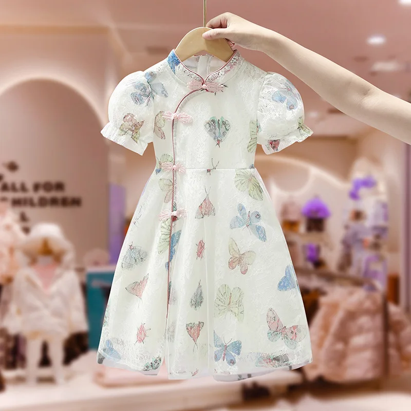 Girls' Summer Dress Children's Chinese Style Cheongsam Dress Embroidered Printed Colorful Dress Junior 3-12Y