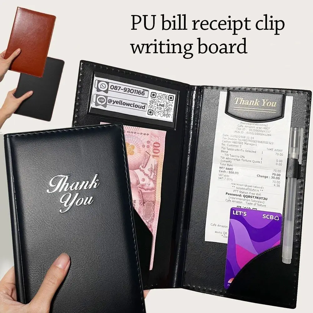 Fashion PU Leather Cash Receipt Folder Waterproof With Pen Insert Cash Book Storage Slot Thank You Printed Bill Folder Business