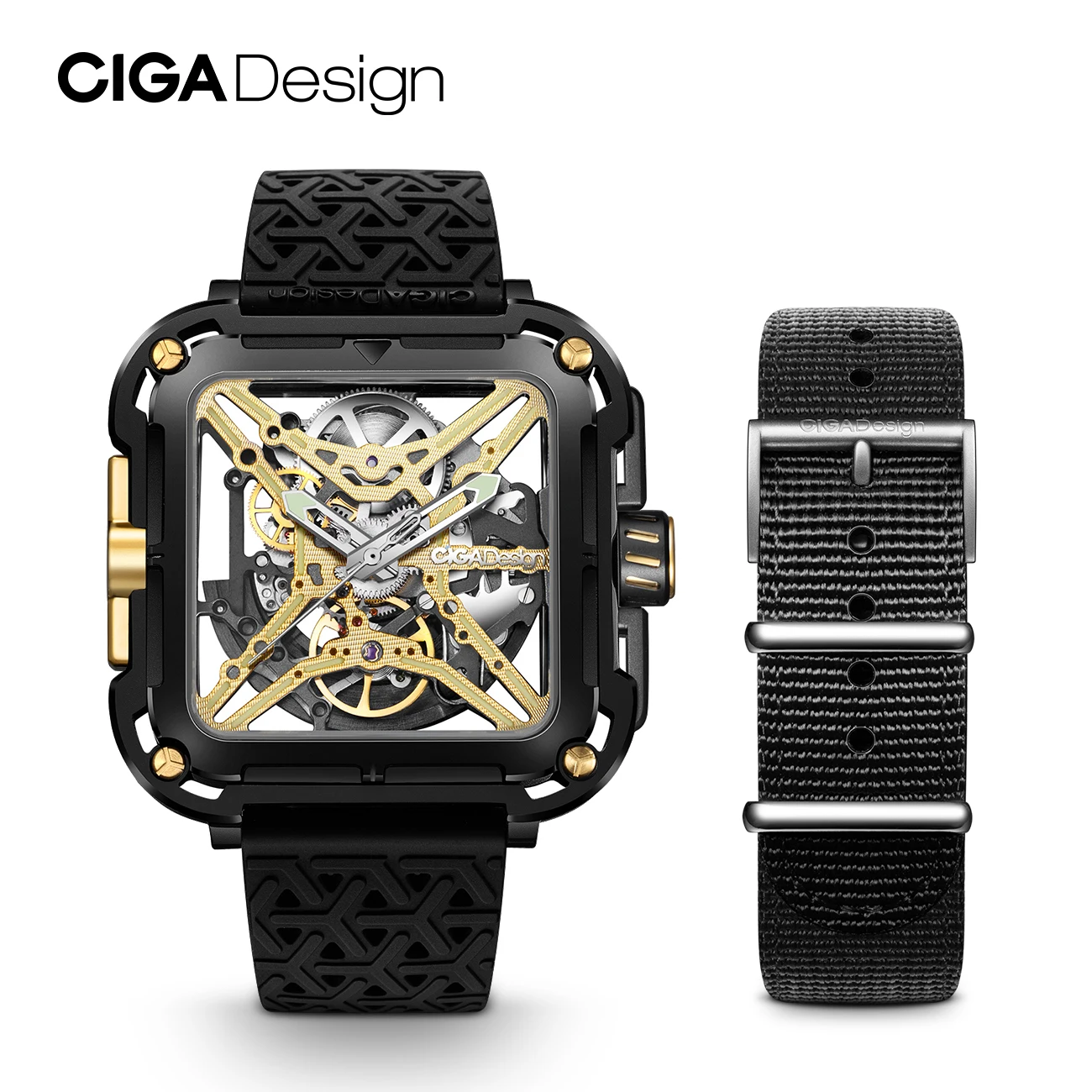 CIGA Design Titanium Gold Mechanical Watch Men X Series Luxury 2024 Male Skeleton Automatic Watches Silicone Nylon Two Straps new cool design fashion men belt wholesale price male brand luxury belts straps accessories waistband jaguar automatic buckle