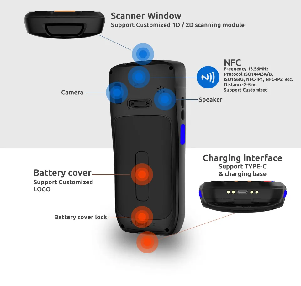 휴대용 RFID 레이저 재고 스캐너, SDK 패키지 지원, PDA 2d 바코드, 안드로이드 12.0 OS 제공