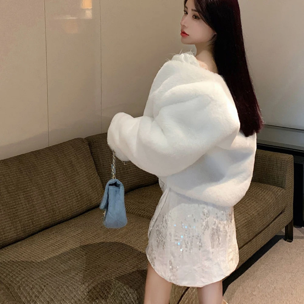 Winter Korean Chic Faux Fox Fur Coat Women Cropped Jacket Solid Cardigan Short Outerwear Y2k Evening Party Gowns Long Sleeve
