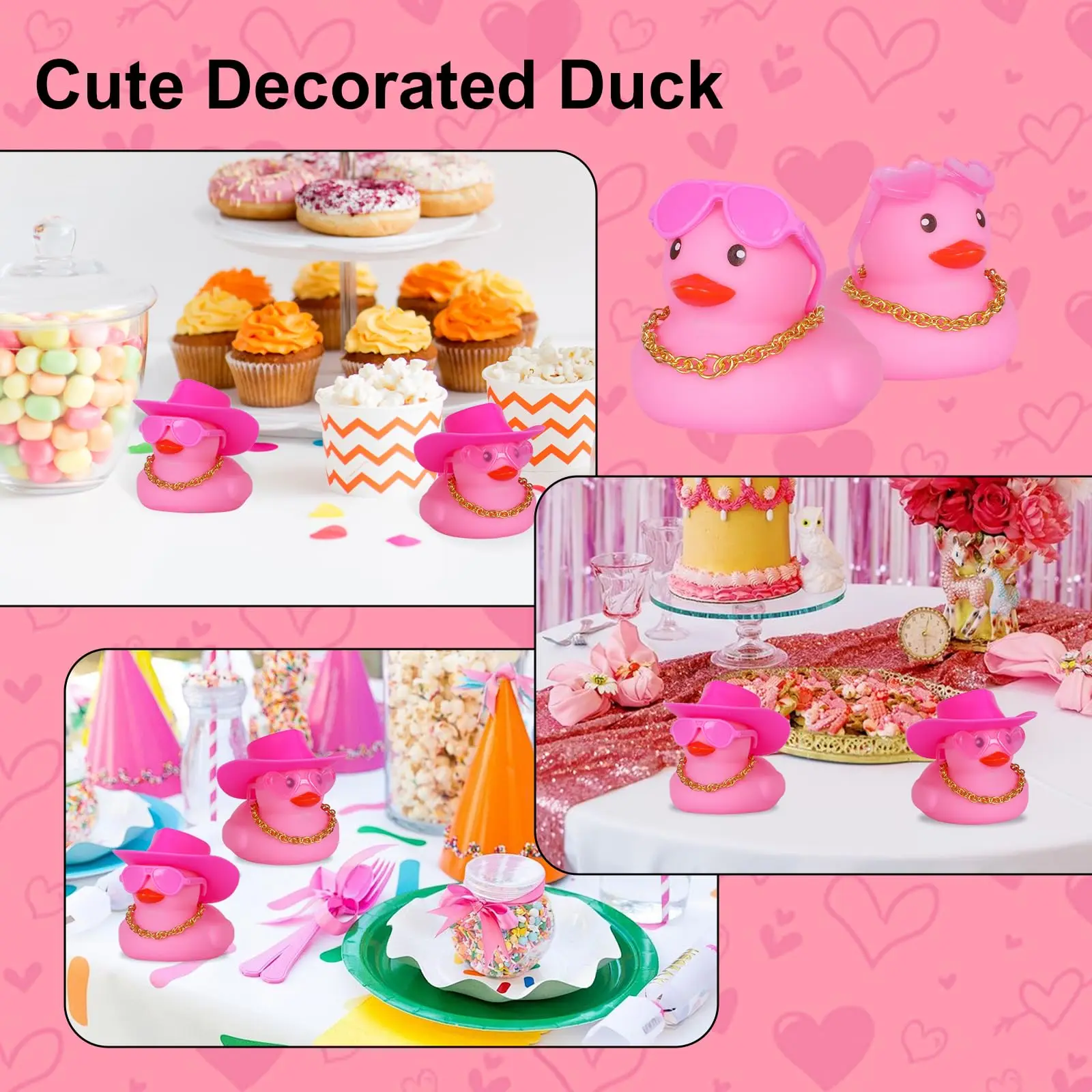 12/24/48PCS Pink Mini Rubber Ducks with Cow-boy Hat,Glasses,Necklace,Jeep Ducks for Ducking,Party Favors,Dashbaord Decoration 4