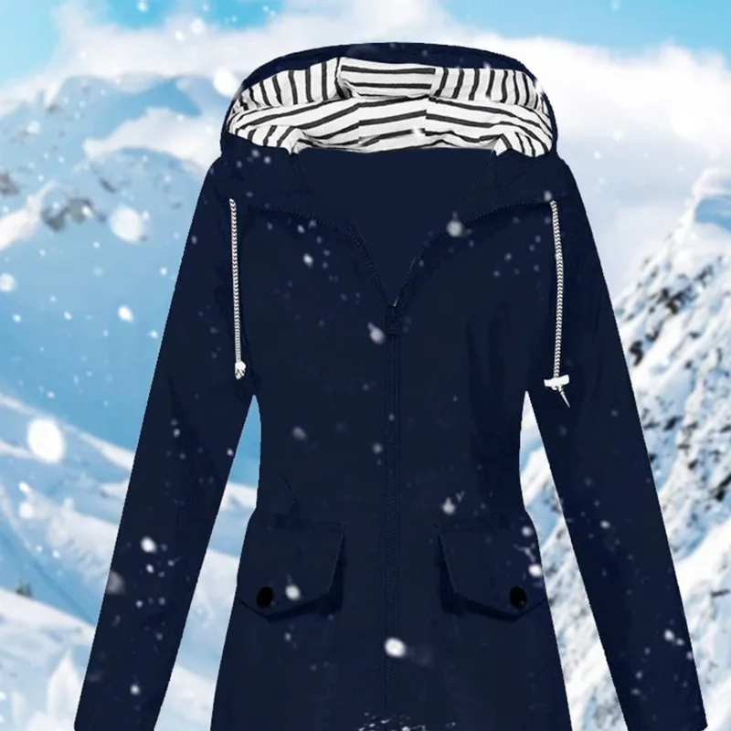 Autumn and Winter Women's Solid Color Spliced Long Sleeve Striped Midi Hooded Slim Zipper Pockets Fashion Casual Formal Tops