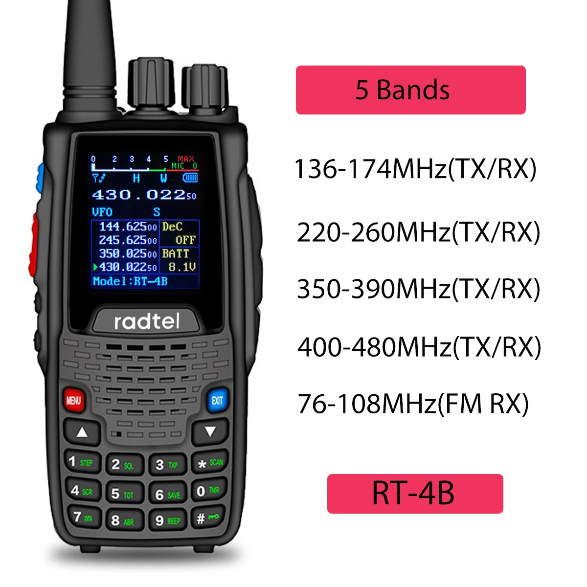 Любительская двухсторонняя рация Radtel RT-4B 5 диапазонов 200 каналов VOX DTMF 2 тона тонов