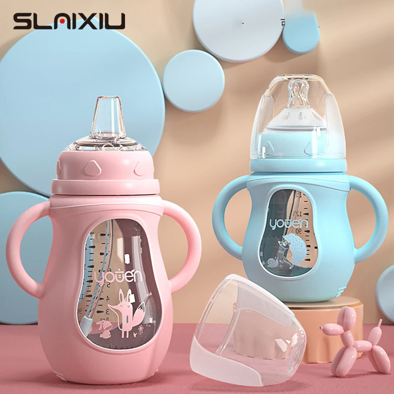 Glass Baby Bottle with Straw Wide Mouth Silicone Handle Shatter Resistant Autoclavable BPA Free glass milk bottle milk bottle water bottle feeding bottle