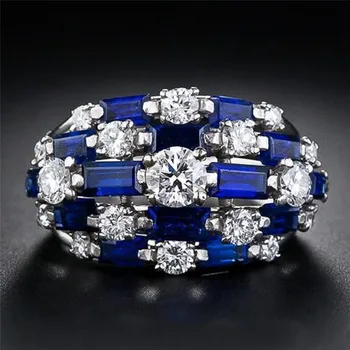 Anello Trendy in Argento Sterling 925 per Donne, con Zirconi Blu/Bianchi, Anelli Larghi Femminili Completamente Decorati, Gioielli da Festa