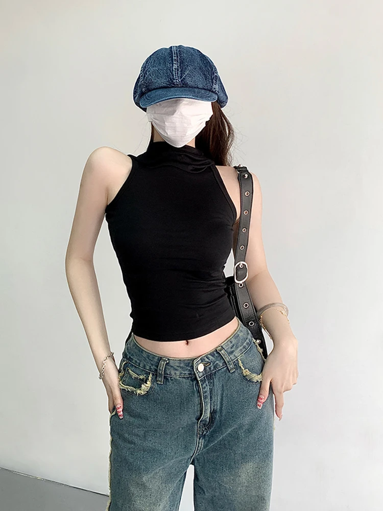 Summer New Tank Top Hooded Vest Women's Tops Streetwear Design Slim Fit Sleeveless Crop Top Solid Color Girls Clothing