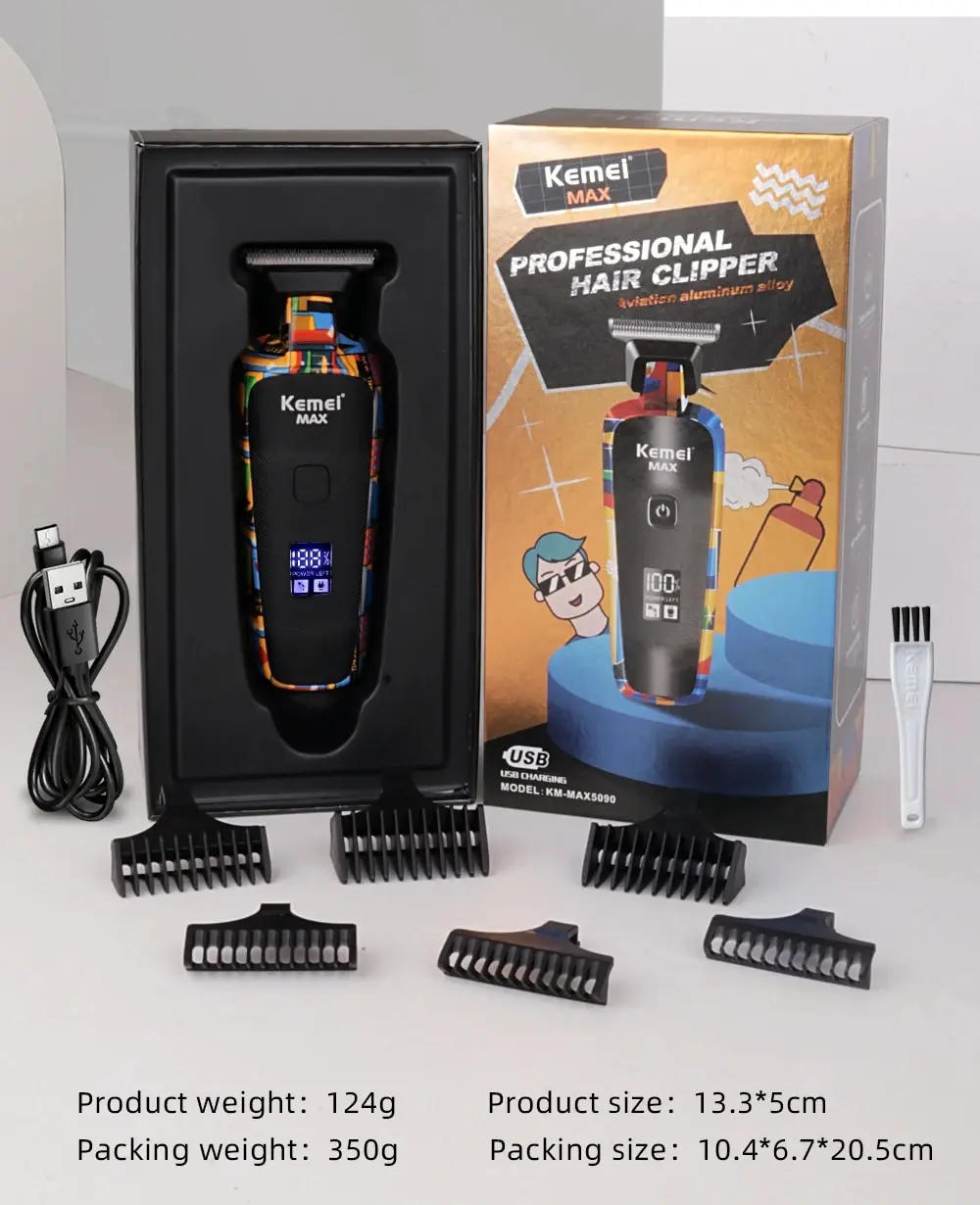 Kemei-5090 Digital Display Professionelle Coiffeur Pusher fir Männer Hoer Cutter zréck a vir zoufälleg Graffiti Muster elektresch